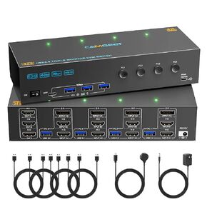 KVM Switch 3 Monitors 4 Computers 4K@60Hz,EDID Simulation,USB 3.0 HDMI Displayport KVM Switch Triple Monitor for 4 PC Share 3 Monitors and Keyboard Mouse Printer,with Wired Remote and 4 USB Cables