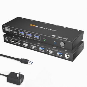 HDMI KVM Switch 1 Monitors 2 Computers 8K60Hz EDID Simulation USB3.0 KVM Switch for 2 Computers Share Dual Monitors and 4 USB Devices withRemote Control