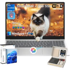 HP 2025 15.6" Touchscreen Laptop - w/Office Lifetime & Win 11 Pro&External DVD Drive, Intel i3 1315U(Up to 4.5GHz), Wi-Fi 6, Copilot AI, HD Touch Display, Long Battery Life, 64GB RAM, 2TB SSD
