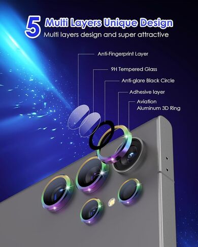 Compatible for Galaxy S25 Ultra Camera Lens Protector Individual Aluminium Alloy Ring 9H Tempered Glass Camera Cover for Samsung Galaxy S25 Ultra CD Black in Kuwait