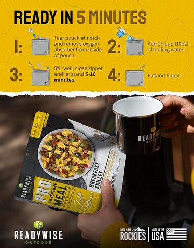 جاهز - وجبة مغامرة في الهواء الطلق ، مقلاة الإفطار ، حصصان ، حقيبة واحدة ، 680 سعرة حرارية ، 53 جرامًا من البروتين ، MRE ، خالية من الغلوتين ، قسط ، تجميد الطعام ، التخييم ، المشي لمسافات طويلة ، وظهر الظهر. in Kuwait