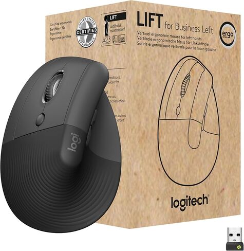 Logitech Lift for Business Left, Vertical Ergonomic Mouse - Left-Handed, Wireless, Bluetooth or Secured Logi Bolt USB, Quiet clicks, Globally Certified, Windows/Mac/Chrome/Linux - Graphite in Saudi Arabia