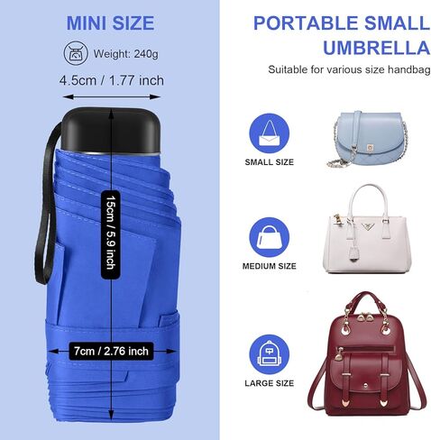 مظلة سفر صغيرة الحجم من LEAGERA مع حقيبة - مظلة صغيرة للمحفظة، تصميم صغير خفيف الوزن وصغير مثالي لمظلات الشمس والمطر الخارجية، لون أحمر3 in Kuwait