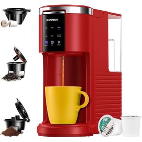 SHARDOR 3 in 1 Single Serve Coffee Machine, K Cup Coffee Maker Compatible with Ground Coffee & Teas, 6 to 14oz Brew Sizes, 40oz Removable Water Tank, Descale Settings, Red