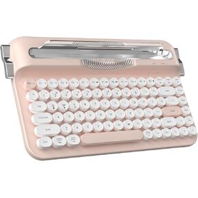 Ajazz AF84 Wireless Typewriter Keyboard, Bluetooth/2.4G Dual-Mode Connection, Cute Retro Aesthetic Design with Integrated Stand for Tablet, Phone, PC and Win/Mac/Android Pink
