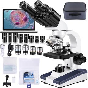 Microscope for Adults WF10x and WF25x Eyepieces, 40X-2500X Magnification, with HD USB Camera, Binocular Microscope for Lab Schools