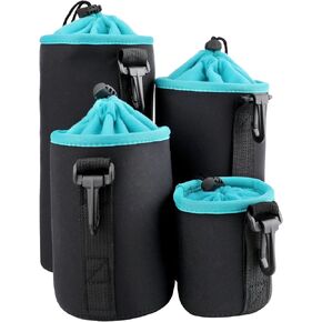 4Pcs Camera Lens Case Bag,4 Sizes Blue Water Resistant Protective Lens Pouch Set With Adjustable Drawstring Rotating Clamp,Replacement Compatible Thick Protective Neoprene for Canon,Nikon,Sony,Pentax