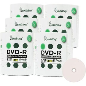 Smart Buy 600 Pack DVD-R 4.7gb 16x White Printable Inkjet Blank Media Record Disc, 600 Disc 600pk