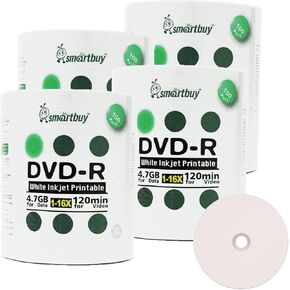 Smart Buy 400 Pack DVD-R 4.7gb 16x White Printable Inkjet Blank Media Record Disc, 400 Disc 400pk