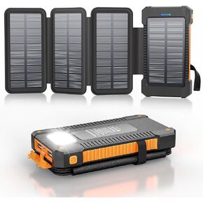 Solar Power Bank 38800mAh مع 4 ألواح شمسية ، شاحن محمول USB C 18W شحن سريع لجهاز iPhone Samsung ، حزمة بطارية خارجية مقاومة للماء مع مصباح يدوي/SOS/SOS