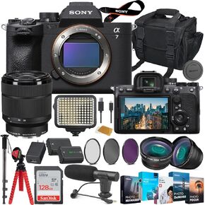 Sony a7 IV Mirrorless Camera with 28-70mm Lens (ILCE-7M4K/B) Bundle with Extra Battery, LED Light, Microphone, 128GB High Speed Memory Flash, Accessory Bundle (27 Items)