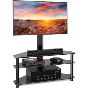 TAVR Glass Floor TV Stand with Swivel Mount for 32 37 43 47 50 55 60 65 70 inch LCD LED Flat/Curved Screen TVs, Height Adjustable 3-in-1 Corner TV Stand Mount, Hold up to 88 lbs, Black