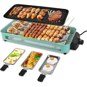 1500W Electric Indoor Grill,2 in 1 Smokeless Indoor Grills,Portable Korean BBQ Raclette Table Grill for Kitchen with Grill Net & Non-Stick Cooking Removable Plate 5 Temperature Control,Dishwasher Safe