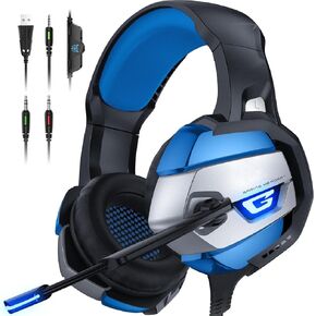 Gaming Headset Gaming Headphone with 360° Adjustable Noise Canceling Microphone, Led Light and Over Ear Memory Earmuff for PS4, PS5, PC (Black Blue)