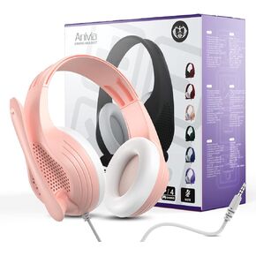 Anivia A9 Pro Rose Pink Over-Ear Wired Headphones with Mic, Lightweight & Adjustable Control Headphones for Kids/Adults, 3.5mm Jack Stereo Headset for School/Work/Music/Games