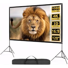 120 inch Portable Outdoor Projector Screen with Stand and Carry Bag, 16:9 Format, 4K HD, Wrinkle-Free, Foldable Design & Easy to Setup