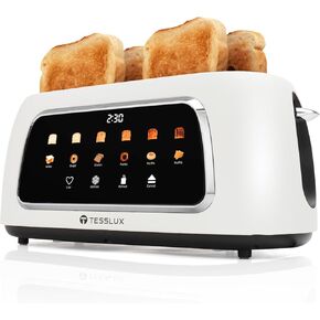 4 Slice Toaster with Touch Screen Control, 1.5" Wide Long Slots, 6 Browning Levels & 6 Bread Types, Digital Timer, Memory, Defrost, Reheat (WHITE)