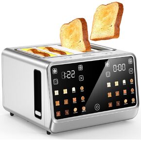 4 Slice Toaster Wide Slot– Dual Digital TouchScreen & Independent Control Panel | Single Slot Toasting, Timer/Reheat/Defrost, 1800W Stainless Steel Toaster for Bagels | 6 Toast Types & Shade Settings