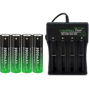 18650 Rechargeable Battery 9900mAh with 18650 Battery Charger,Universal 4 Bay Battery Charger for 3.7V Li-ion Batteries 26650, 14500 16340 (4 Pack Button Top Batteries+Charger)