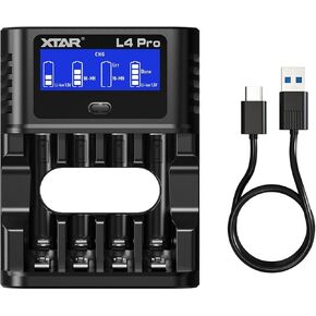 XTAR L4 Pro Battery Charger for AA AAA, LCD Display, 4-Slot Independent Charging, Compatible with 1.2V Ni-MH & 1.5V Li-ion Rechargeable Batteries, Fast USB Charger with Refresh Recovery Modes