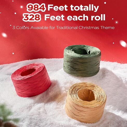 Sooez Raffia Ribbon String, 984 Feet Christmas Gift Wrapping Raffia Paper String Ribbon Packing Paper Twine for Craft DIY Supply Christmas, 328Feet Each Roll in Saudi Arabia