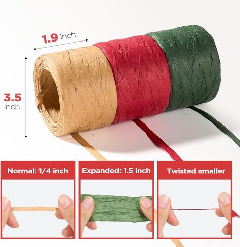 Sooez Raffia Ribbon String, 984 Feet Christmas Gift Wrapping Raffia Paper String Ribbon Packing Paper Twine for Craft DIY Supply Christmas, 328Feet Each Roll in Saudi Arabia