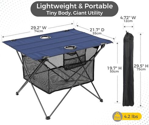 Lightweight Portable Camping Table with 2 Cup Holders - Collapsible Compact Canvas Beach Table/Side Table for Lawn Fishing & Outdoor, Large Capacity Storage, 29.2" W x 21.7" D (Blue) in Kuwait