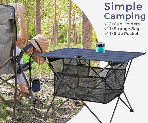 Lightweight Portable Camping Table with 2 Cup Holders - Collapsible Compact Canvas Beach Table/Side Table for Lawn Fishing & Outdoor, Large Capacity Storage, 29.2" W x 21.7" D (Blue) in Kuwait