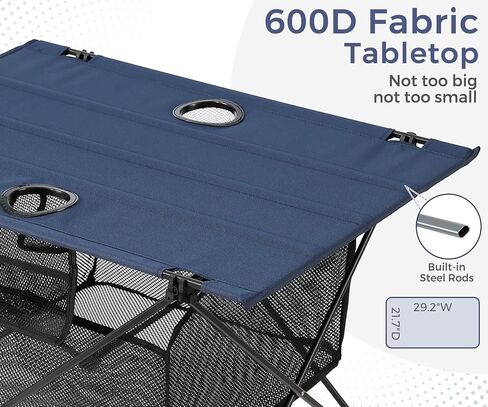 Lightweight Portable Camping Table with 2 Cup Holders - Collapsible Compact Canvas Beach Table/Side Table for Lawn Fishing & Outdoor, Large Capacity Storage, 29.2" W x 21.7" D (Blue) in Kuwait