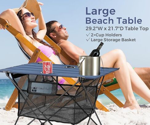 Lightweight Portable Camping Table with 2 Cup Holders - Collapsible Compact Canvas Beach Table/Side Table for Lawn Fishing & Outdoor, Large Capacity Storage, 29.2" W x 21.7" D (Blue) in Kuwait
