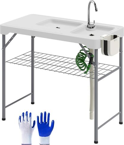 Outsunny Folding Fish Cleaning Table with Sinks, Portable Camping Sink Table with Faucet, Drainage Hose, Sprayer, Shelf, Drawer and Storage Basket, Outdoor Fillet Table for Picnic Beach Patio, Tan in Saudi Arabia