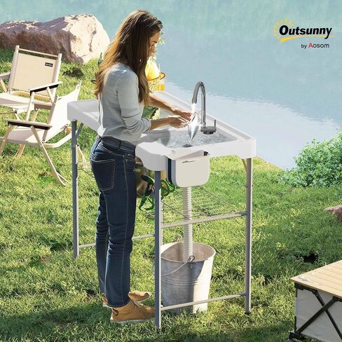Outsunny Folding Fish Cleaning Table with Sinks, Portable Camping Sink Table with Faucet, Drainage Hose, Sprayer, Shelf, Drawer and Storage Basket, Outdoor Fillet Table for Picnic Beach Patio, Tan in Saudi Arabia