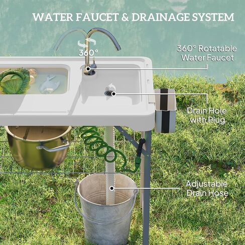 Outsunny Folding Fish Cleaning Table with Sinks, Portable Camping Sink Table with Faucet, Drainage Hose, Sprayer, Shelf, Drawer and Storage Basket, Outdoor Fillet Table for Picnic Beach Patio, Tan in Saudi Arabia