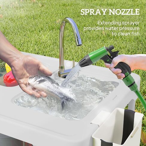 Outsunny Folding Fish Cleaning Table with Sinks, Portable Camping Sink Table with Faucet, Drainage Hose, Sprayer, Shelf, Drawer and Storage Basket, Outdoor Fillet Table for Picnic Beach Patio, Tan in Saudi Arabia