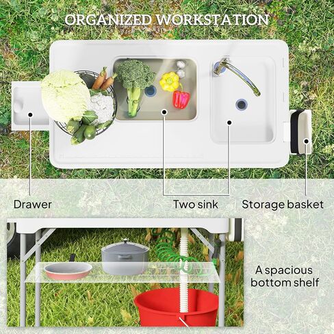 Outsunny Folding Fish Cleaning Table with Sinks, Portable Camping Sink Table with Faucet, Drainage Hose, Sprayer, Shelf, Drawer and Storage Basket, Outdoor Fillet Table for Picnic Beach Patio, Tan in Saudi Arabia