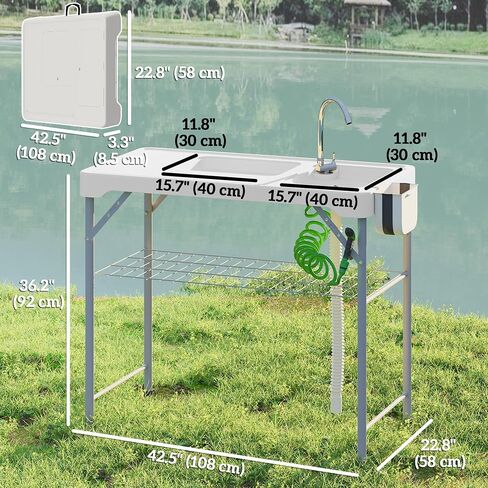 Outsunny Folding Fish Cleaning Table with Sinks, Portable Camping Sink Table with Faucet, Drainage Hose, Sprayer, Shelf, Drawer and Storage Basket, Outdoor Fillet Table for Picnic Beach Patio, Tan in Saudi Arabia