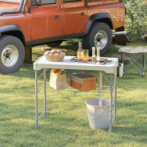 Outsunny Folding Fish Cleaning Table with Sinks, Portable Camping Sink Table with Faucet, Drainage Hose, Sprayer, Shelf, Drawer and Storage Basket, Outdoor Fillet Table for Picnic Beach Patio, Tan in Saudi Arabia