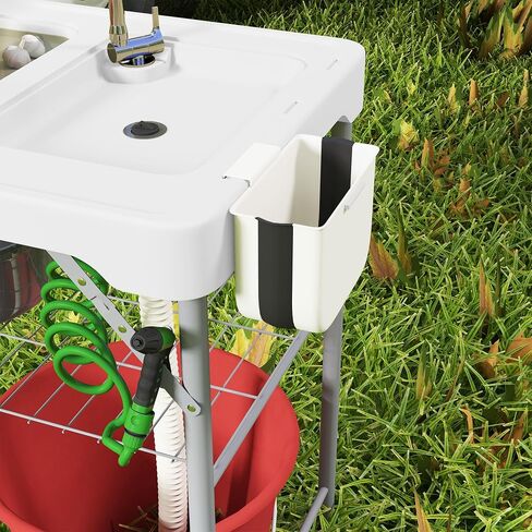 Outsunny Folding Fish Cleaning Table with Sinks, Portable Camping Sink Table with Faucet, Drainage Hose, Sprayer, Shelf, Drawer and Storage Basket, Outdoor Fillet Table for Picnic Beach Patio, Tan in Saudi Arabia