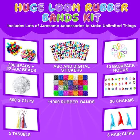مجموعة أساور الأربطة المطاطية 12100+ لوم من موموموز، حقيبة هدايا كبيرة مع إكسسوارات عالية الجودة، 28 ربطة ملونة براقة فريدة من نوعها، مجموعة إعادة التعبئة للبنات والأولاد in Kuwait