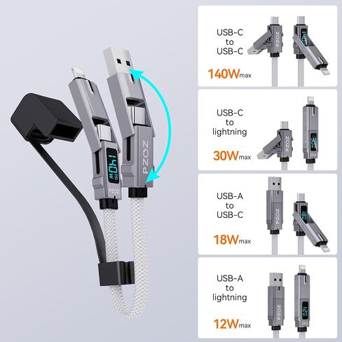 PZOZ 60 واط كابل قصير لشاحن سلسلة المفاتيح المحمولة مع شاشة LED، 4 في 1 متعدد USB C شحن سريع كومبو لايتنينج/نوع C/USB A/USBC لمنافذ iPhone iPad MacBook AirPods Samsung Google، 7.3 بوصة in Kuwait