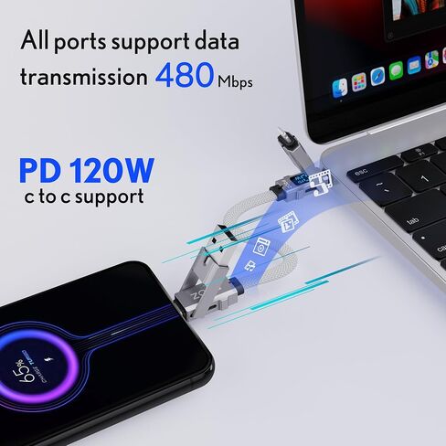 PZOZ 60 واط كابل قصير لشاحن سلسلة المفاتيح المحمولة مع شاشة LED، 4 في 1 متعدد USB C شحن سريع كومبو لايتنينج/نوع C/USB A/USBC لمنافذ iPhone iPad MacBook AirPods Samsung Google، 7.3 بوصة in Kuwait