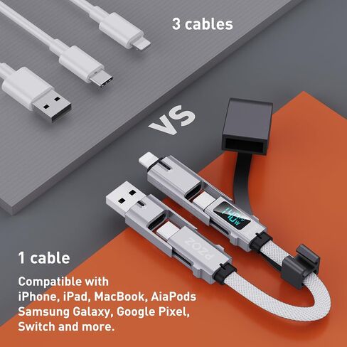 PZOZ 60 واط كابل قصير لشاحن سلسلة المفاتيح المحمولة مع شاشة LED، 4 في 1 متعدد USB C شحن سريع كومبو لايتنينج/نوع C/USB A/USBC لمنافذ iPhone iPad MacBook AirPods Samsung Google، 7.3 بوصة in Kuwait