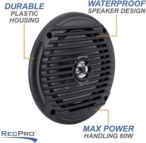RecPro RV Speakers | 6.5" Marine Speaker | Coaxial Style | Color Options | Pair of Speakers (Black) in Saudi Arabia