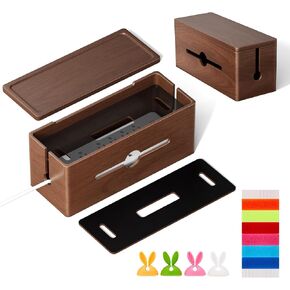 Extra Large Cable Management Box – Brown Double Layer Wooden Cord Organizer with Divider for Desk, TV Stand, Kitchen, and Office （NO Power Strips or Chargers）