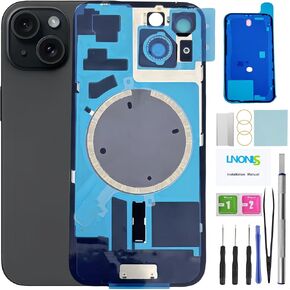 15 بديلًا للزجاج الخلفي لـ iPhone 15 الخلفية الخلفية المقاومة للماء وعدسة الكاميرا+مجموعة أدوات إصلاح احترافية (أسود)