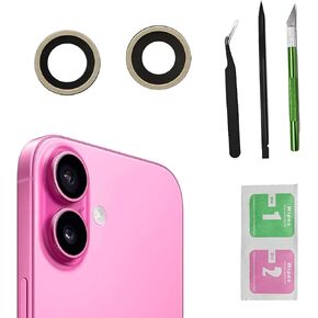 2pcs/Set Back Camera Lens Glass Replacement for iPhone 16 Camera Lens Replacement with Pre-Installed Adhesive + Repair Tool Kit, Anti-Lens Scratch & Waterproof