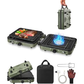 Saker 2 Burner Propane Camping Stove with Grill: Foldable Portable Camp Stove with Carry Bag - Adjustable Burners Camping Grill for BBQ Tailgating Gear - Backpacking Outdoor Cooking