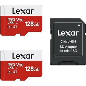 Lexar E-Series 128GB Micro SD Card 2 Pack, microSDXC UHS-I Flash Memory Card with Adapter, 100MB/s, C10, U3, A1, V30, Full HD, 4K UHD, High Speed TF Card