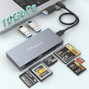 CFexpress Type B Card Reader, 8 in 1 Aluminum CF Express Memory Card Reader Support CF Express Type B/CF/XD/MS/TF/SD/USB, Mulit CFexpress Card Adapter with USB3.2 Gen2 10Gbps for Windows/Mac/Linux
