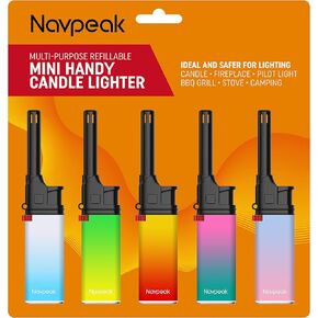 Navpeak Mini Candle Lighter Colorful Set Multipurpose Utility Lighters with Extended Wand Handy Gas Refillable for Kitchen Fireplace Pilot Light BBQ Grill Stove 5 Pack (Butane Included)